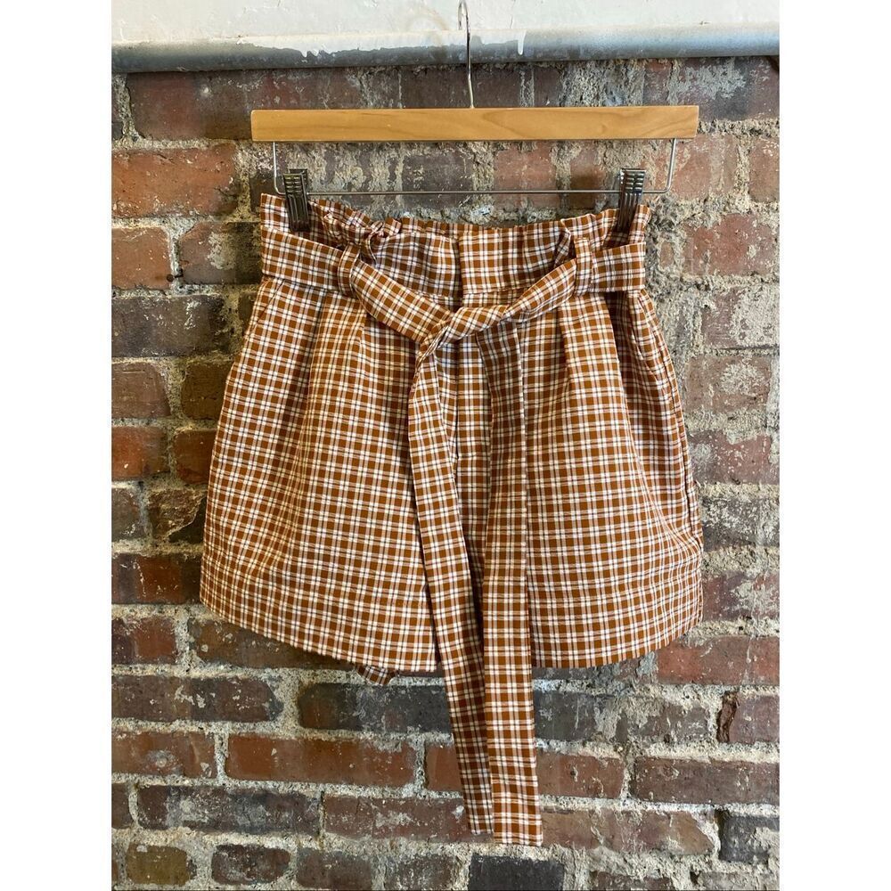 LOTTIE MOSS • Burnt Orange Brown/White Plaid High Waist Belted Paper Bag Shorts